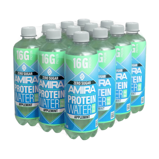 A 500ml bottle of AMIRA Protein Water in Applemint flavor, a refreshing and healthy beverage option