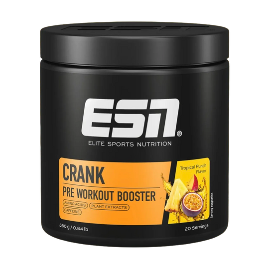  A container of ESN CRANK workout booster supplement 