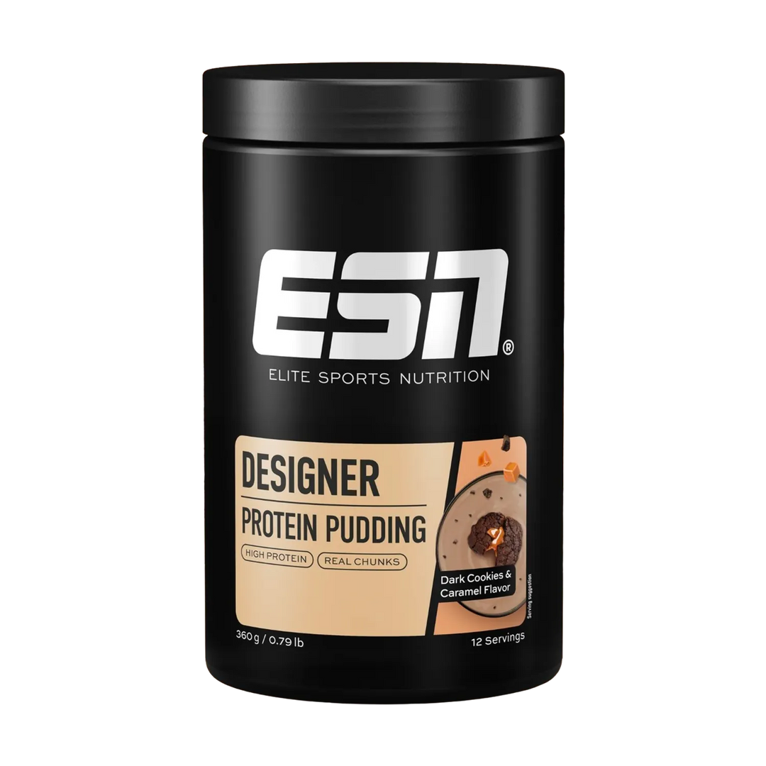 A 360g container of ESN Designer High Protein Pudding, a delicious and nutritious snack