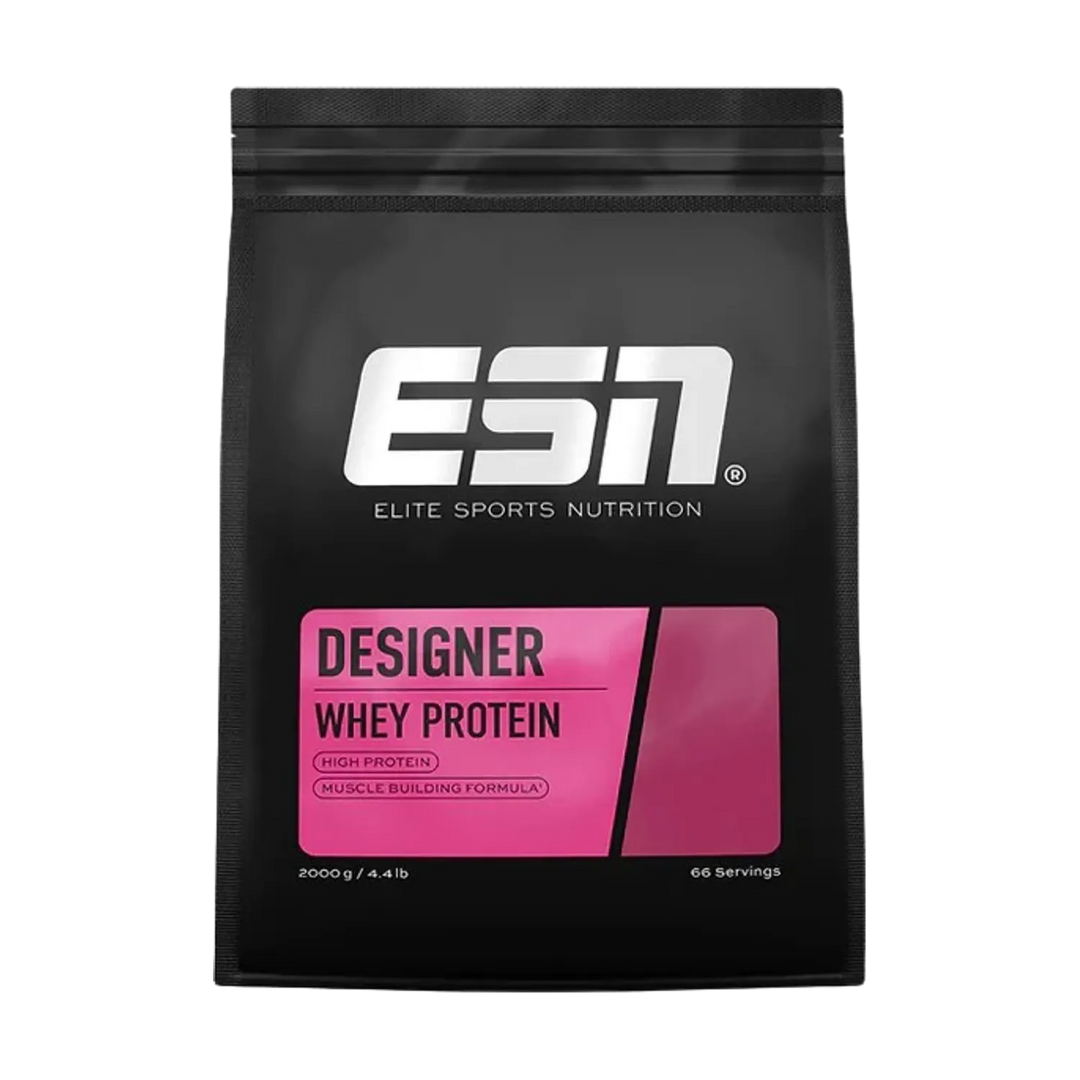 A large 2000g container of ESN Designer Whey Protein, a high-quality supplement for fitness enthusiasts and athletes to support muscle recovery and growth