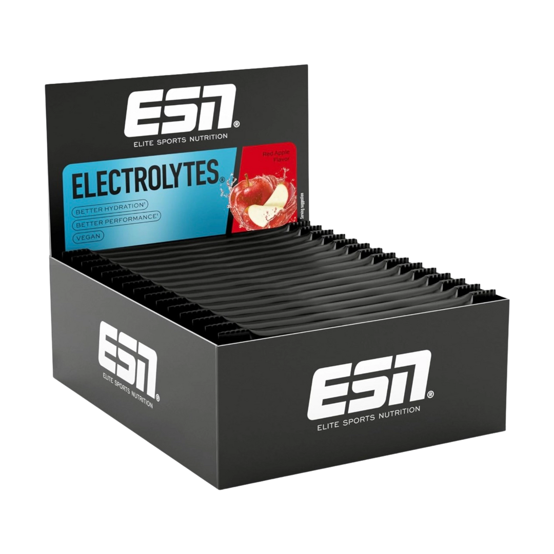  Close-up view of ESN Electrolytes Pro 15x225g individual packets in different colors