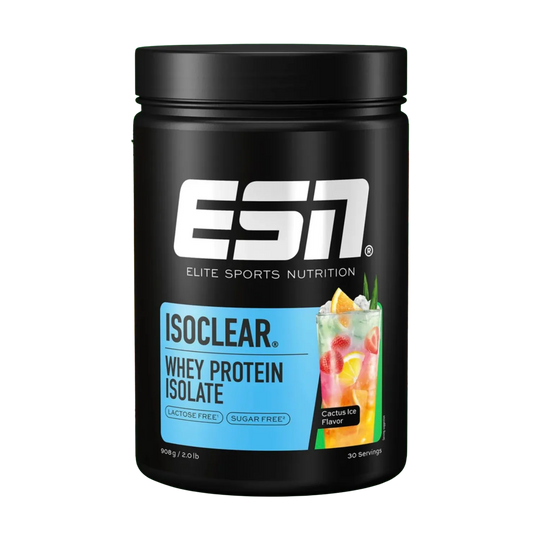 A 908g container of ESN ISOCLEAR Whey Isolate, a high-quality protein supplement