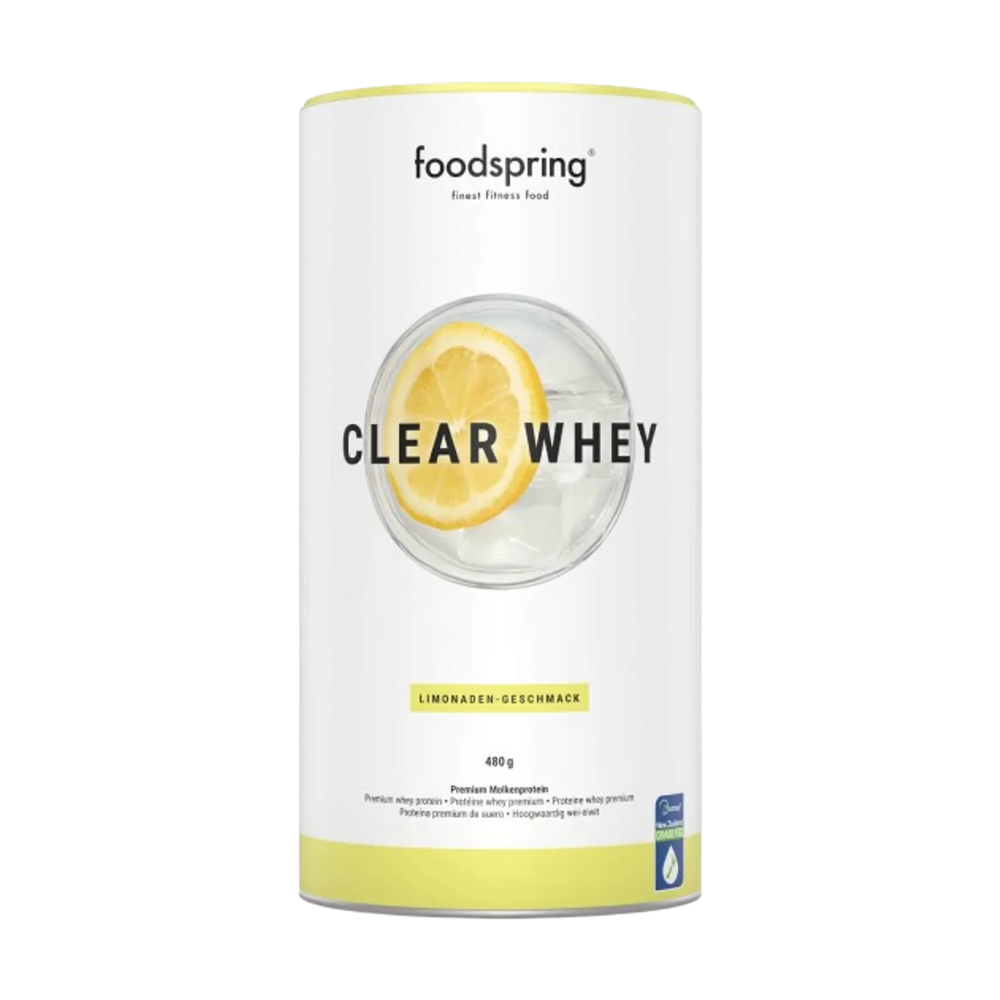  Close-up of Foodspring Clear Whey 480g container, showcasing its sleek and modern design with easy-to-use lid and clear visibility of the product inside