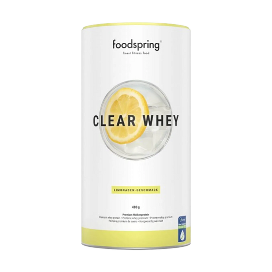  Close-up of Foodspring Clear Whey 480g container, showcasing its sleek and modern design with easy-to-use lid and clear visibility of the product inside