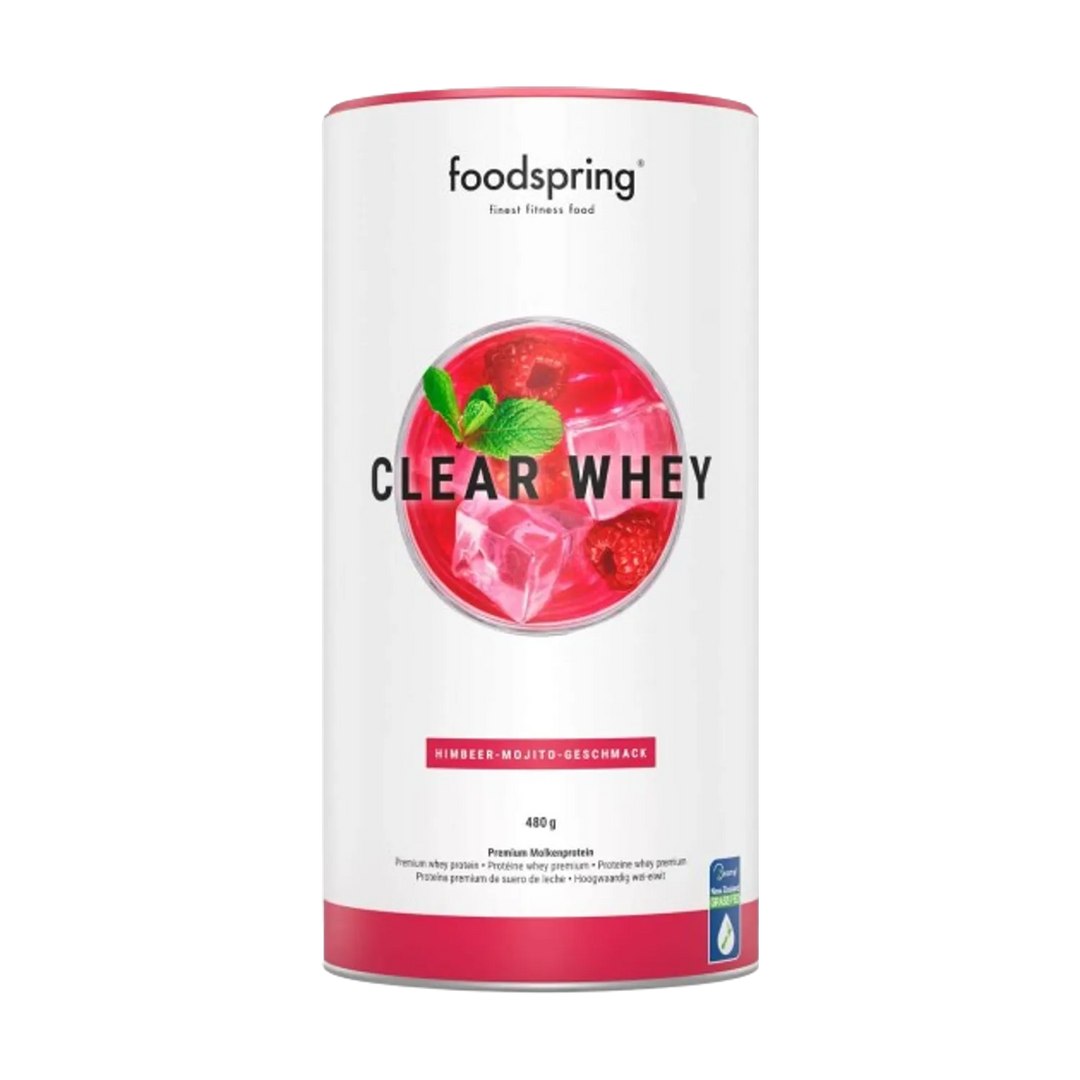 Foodspring Clear Whey 480g in Green Apple flavor, a transparent and refreshing protein drink mix for post-workout recovery 