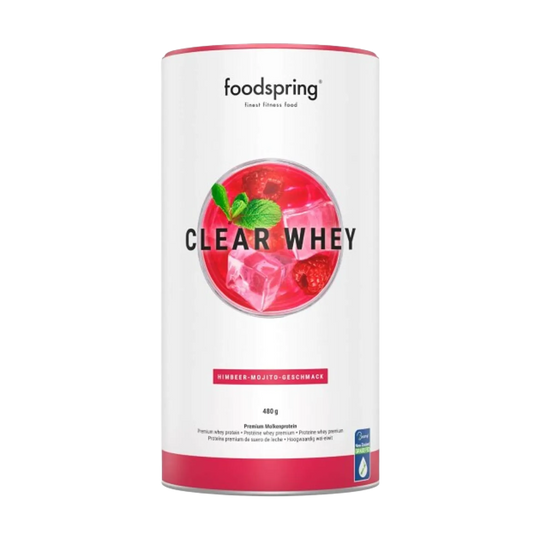 Foodspring Clear Whey 480g in Green Apple flavor, a transparent and refreshing protein drink mix for post-workout recovery 