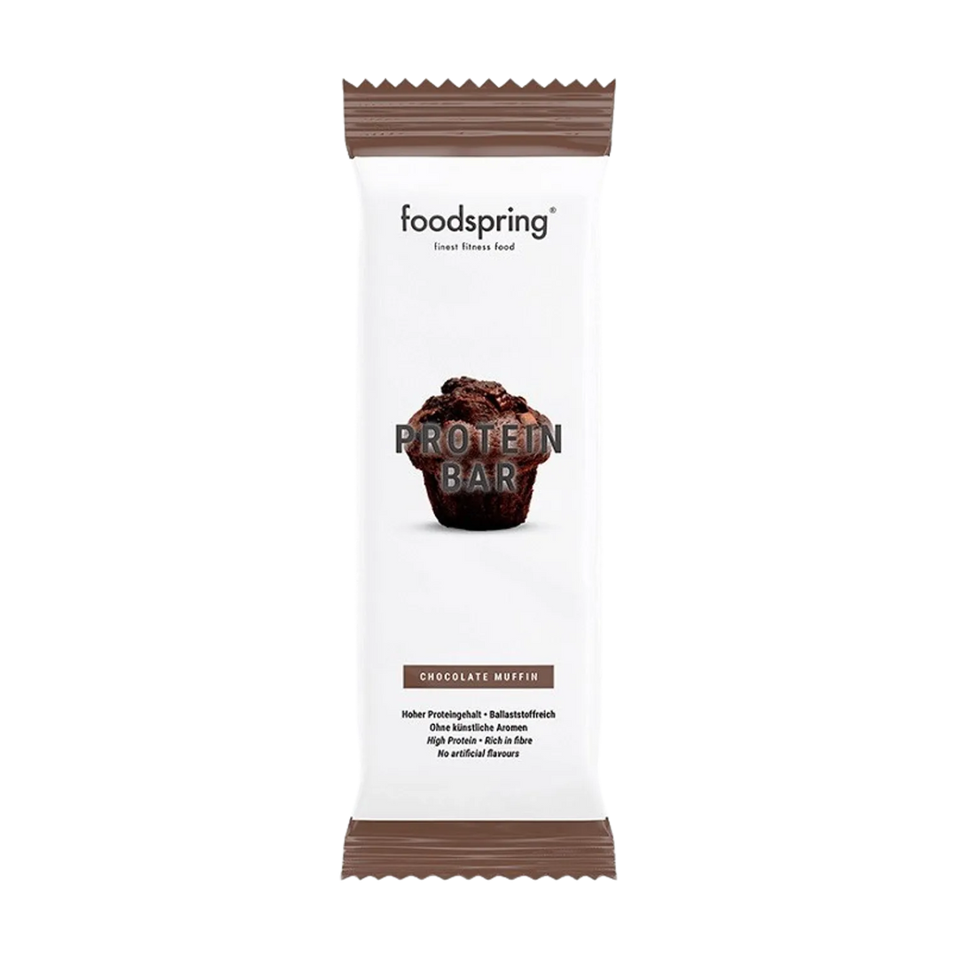 High-protein Foodspring Protein Bar in chocolate flavor, 60g, perfect for post-workout recovery