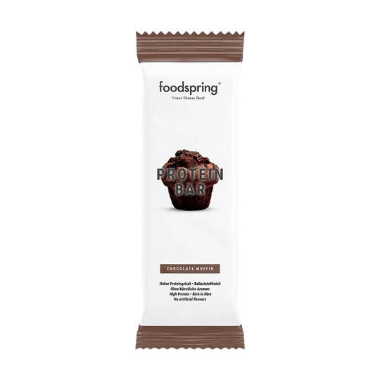 High-protein Foodspring Protein Bar in chocolate flavor, 60g, perfect for post-workout recovery