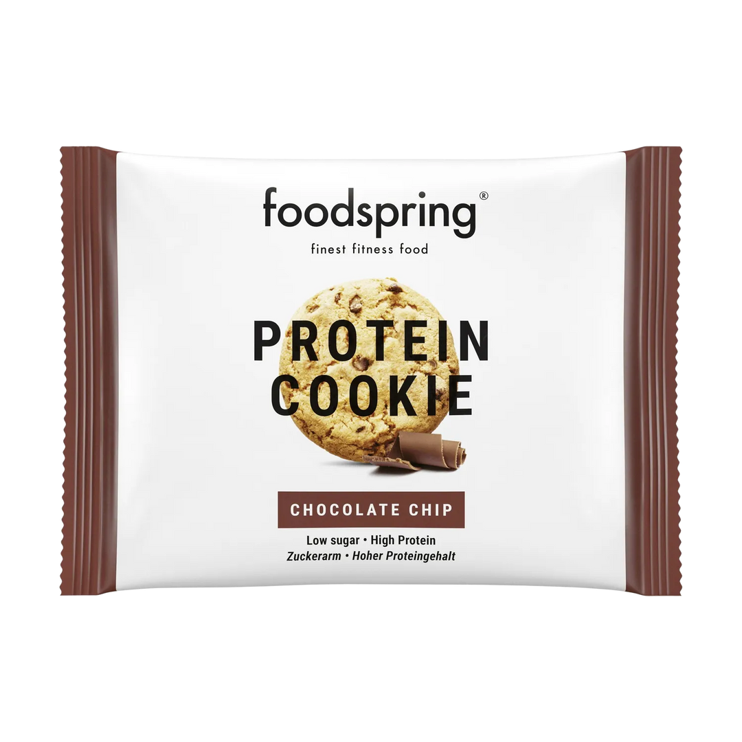 Foodspring Protein Cookie with chocolate chunks and 50g serving size