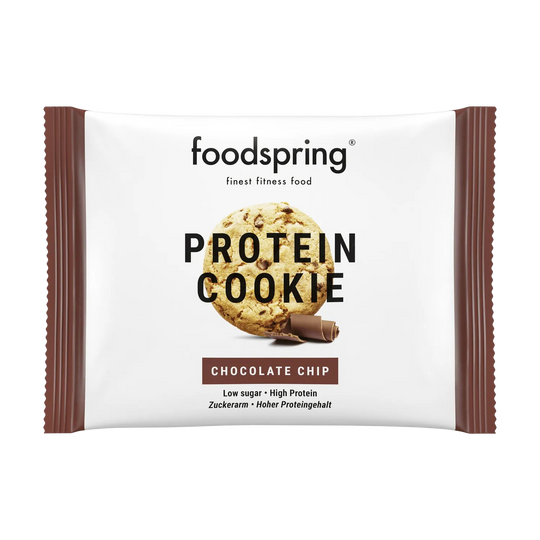 Foodspring Protein Cookie with chocolate chunks and 50g serving size