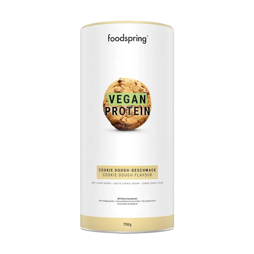 A 750g container of Foodspring Vegan Protein, a high-quality plant-based protein