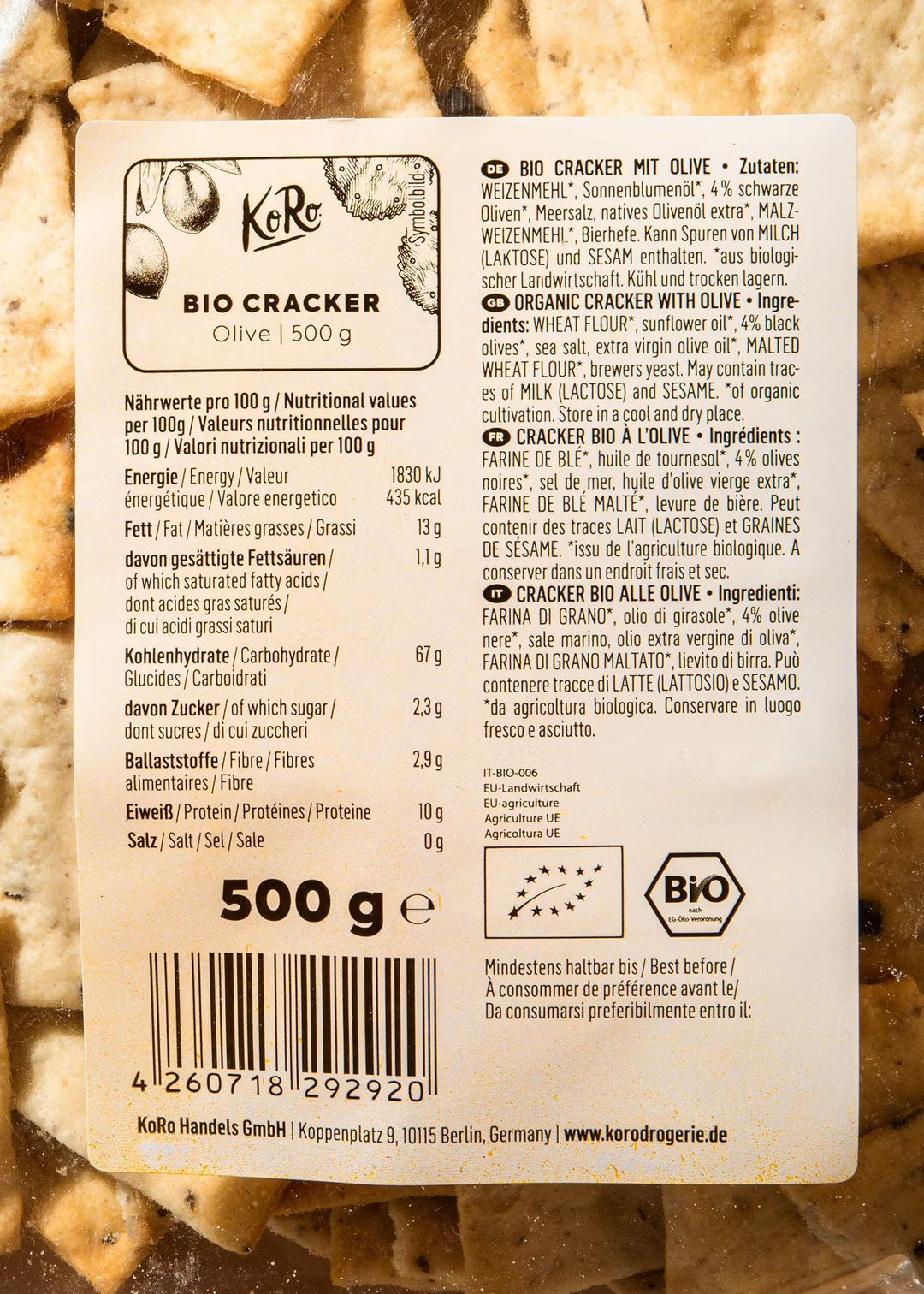 KoRo Bio Cracker 500g served with cheese and grapes