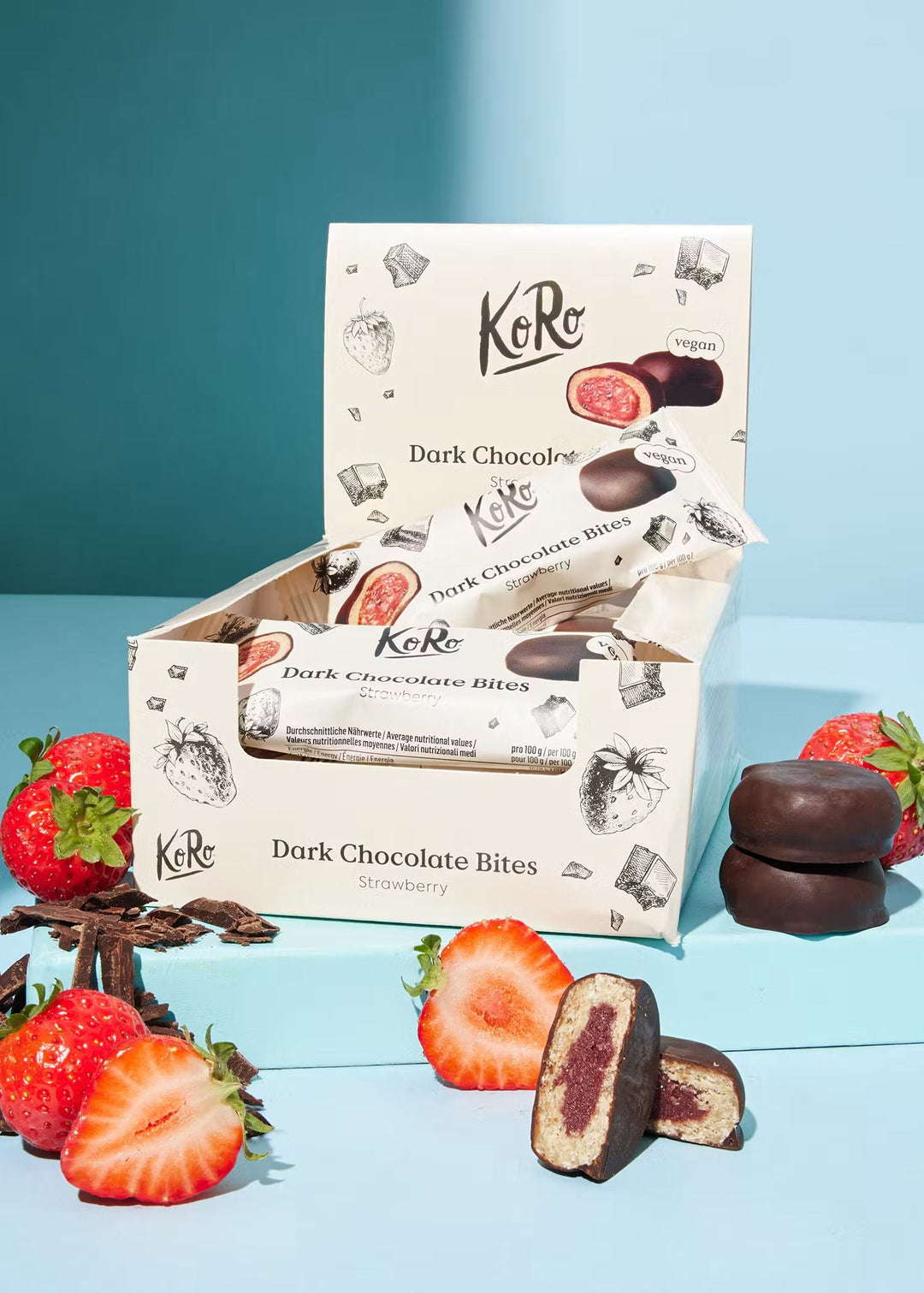 Organic, vegan dark chocolate bites in a 40g package by KoRo