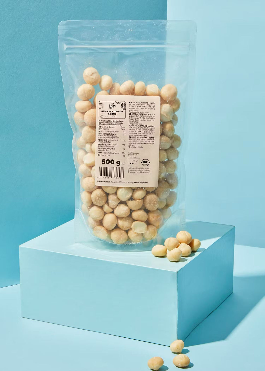 Organic, high-quality 500g bag of KoRo Bio Macadamia nuts, perfect for snacking or adding to recipes