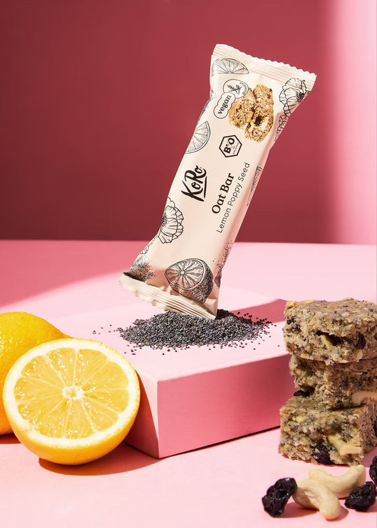 KoRo Bio Oat Bar on a wooden surface with natural ingredients