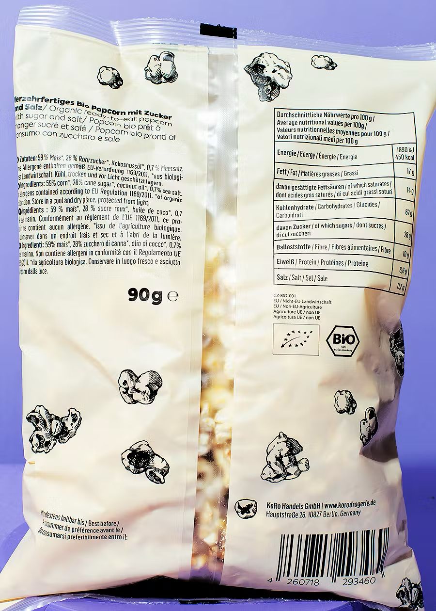 Organic sweet and salty popcorn in a 90g pack by KoRo