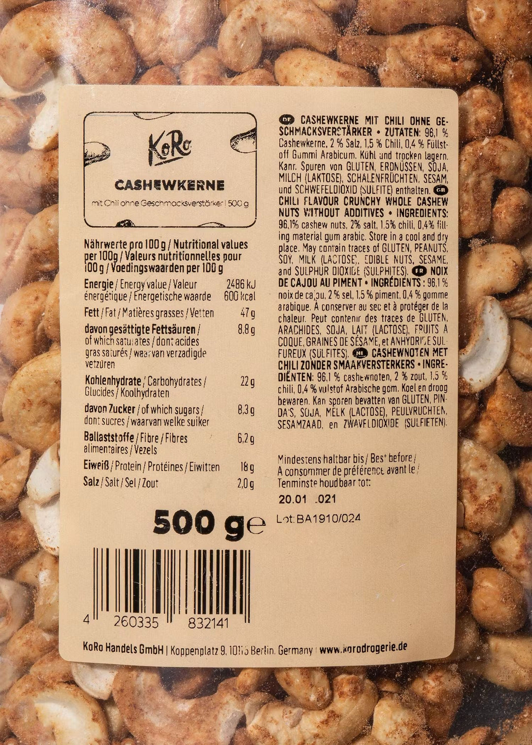  Large 500g Pack of Cashews Perfect for Sharing or Storage