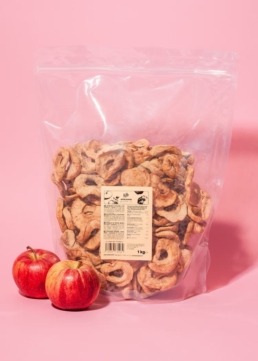 KoRo Getrocknete Apfelringe in 1kg Verpackung, mit natürlicher Süße und fruchtigem Geschmack, ideal als gesunder Snack oder zum Backen