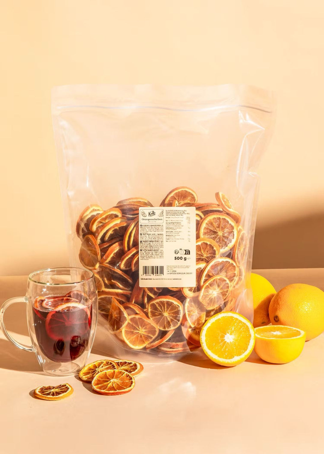 Large 500g pack of KoRo dried orange slices, perfect for snacking or baking