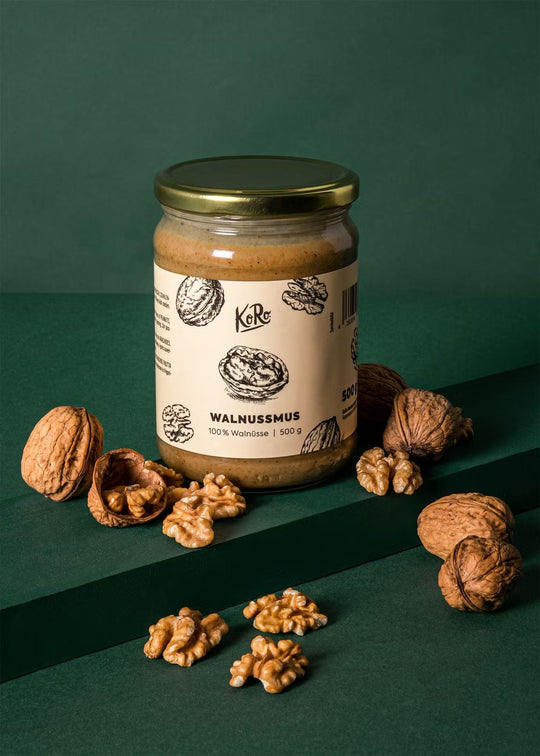 KoRo Walnussmus, a 500g product, a rich and creamy spread made from high-quality walnuts, perfect for a healthy and delicious treat