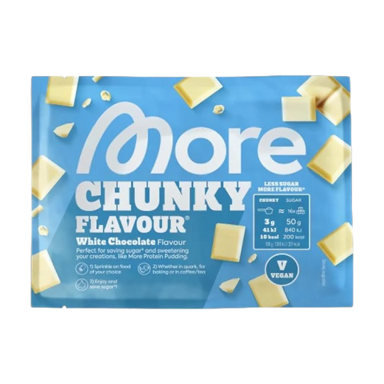 A close-up image of a 30g sample pack of More Nutrition Chunky Flavour, a high-protein and nutrient-dense food product