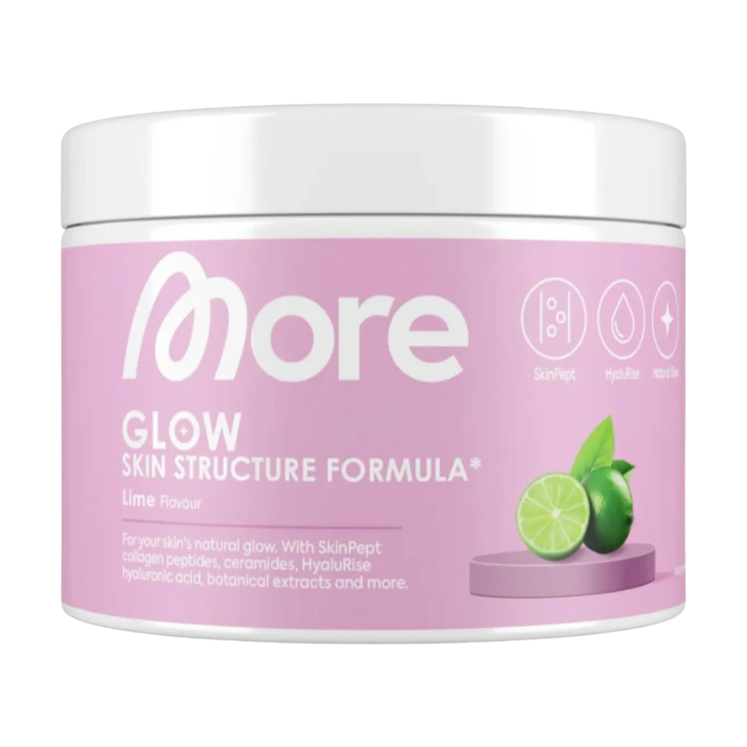 More-Nutrition-Glow-Skin-Structure-Formula-270g-powder-supplement-in-a-white-container-with-berries-and-leaves-on-the-side