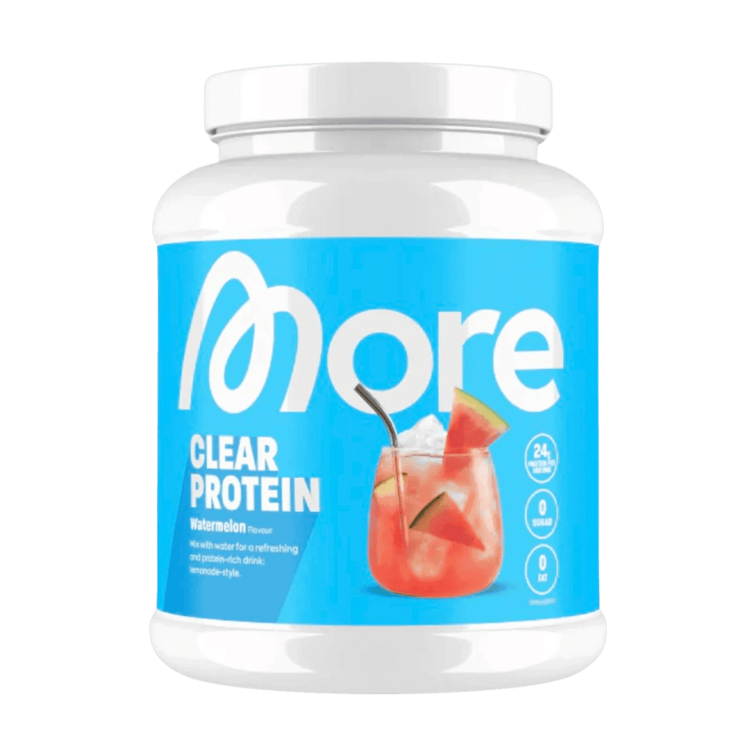 White and blue container of More Nutrition MORE CLEAR 600g supplement powder