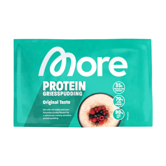 A close-up image of a 30g SAMPLE of More Nutrition Protein Grießpudding, a high-protein, nutritious dessert option