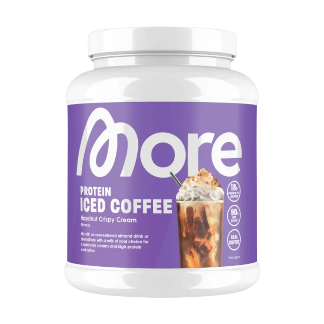 More Nutrition Protein Iced Coffee 500g in a stylish packaging with coffee beans in the background 