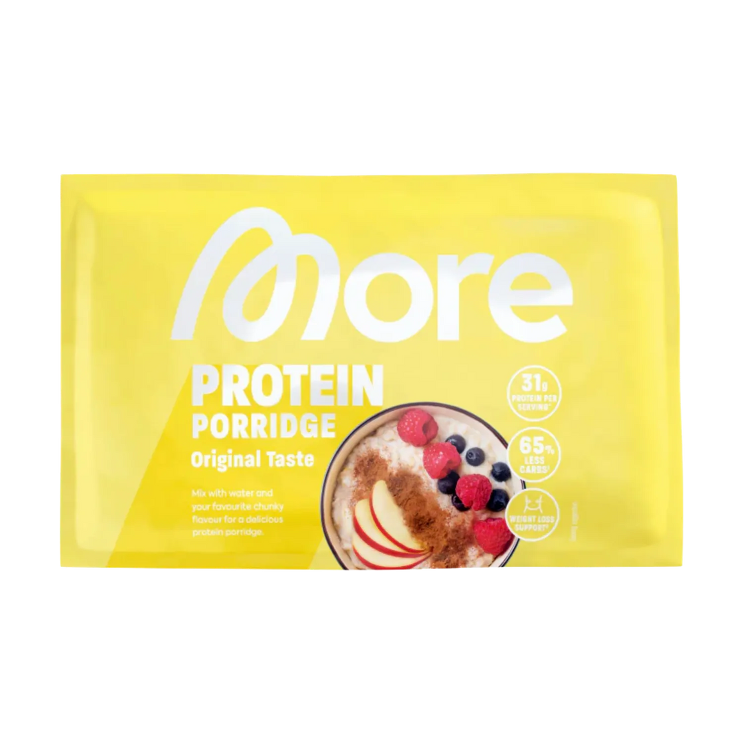 A close-up image of a 62g sample pack of More Nutrition Protein Porridge, a delicious and nutritious breakfast option packed with essential nutrients