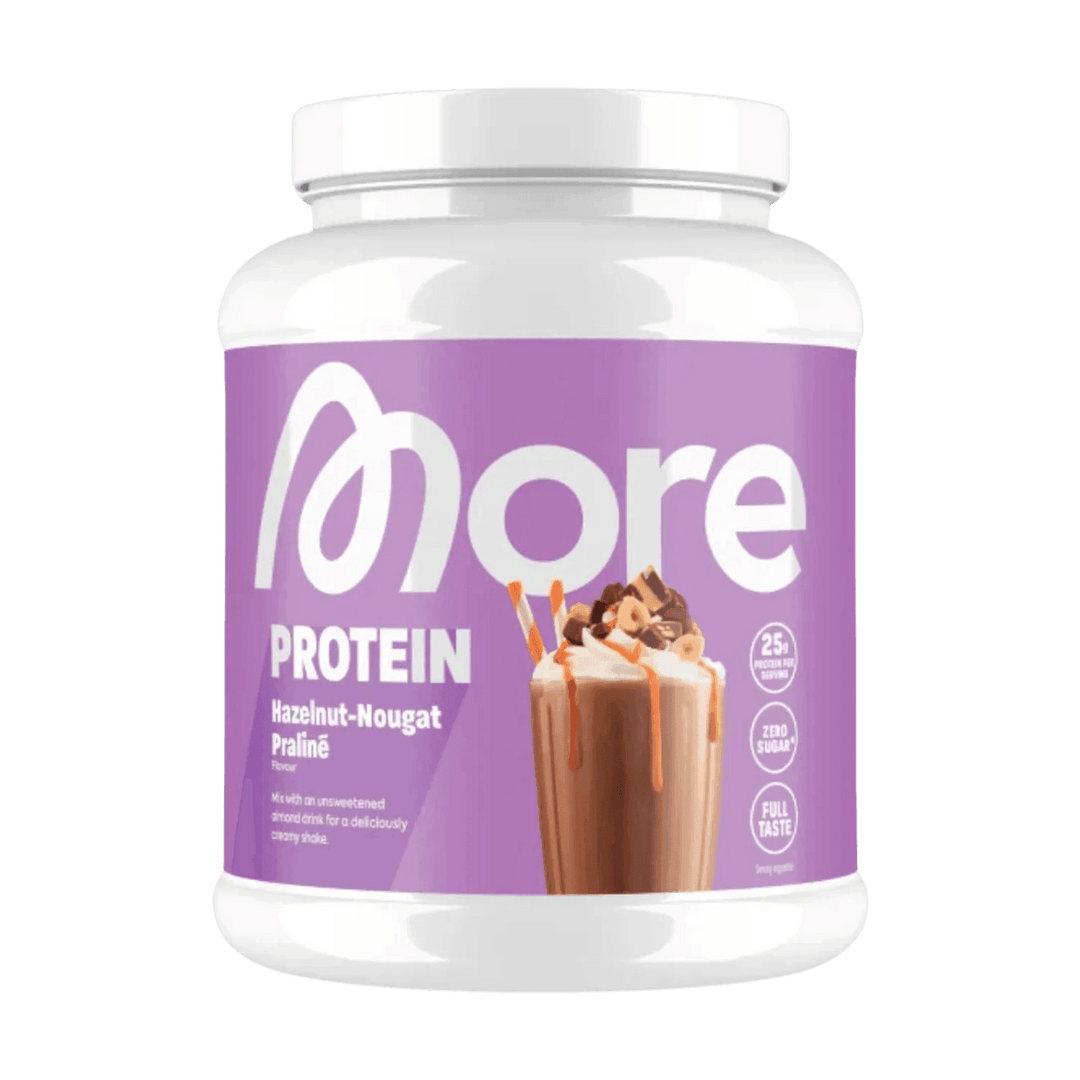 A close-up image of More Nutrition Total Protein 600g container, rich in essential amino acids and designed to support muscle recovery and growth