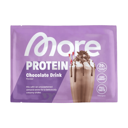 A close-up image of a sample packet of More Nutrition Total Protein, containing 30g of protein, perfect for a quick and convenient boost of nutrition