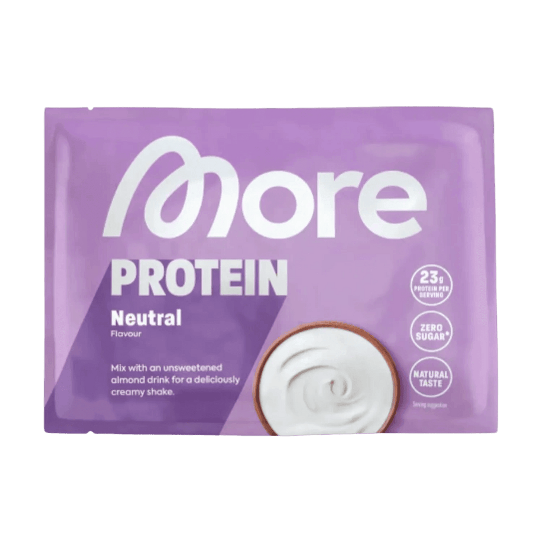 A close-up image of the More Nutrition Total Protein SAMPLE | 30g product packaging, showcasing its high protein content and convenient sample size for easy consumption