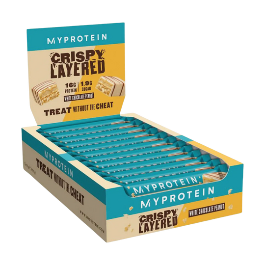 A close-up image of the Myprotein Crispy Layered Bar, a 58g protein bar with a deliciously crunchy texture and indulgent taste