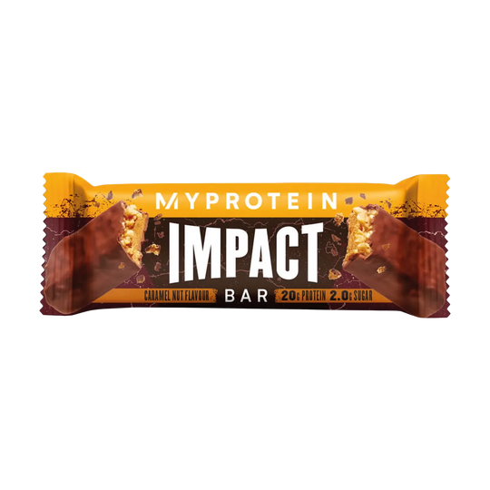 Myprotein Impact Protein Bar weighing 64g, with chocolate flavor and high protein content for post-workout recovery