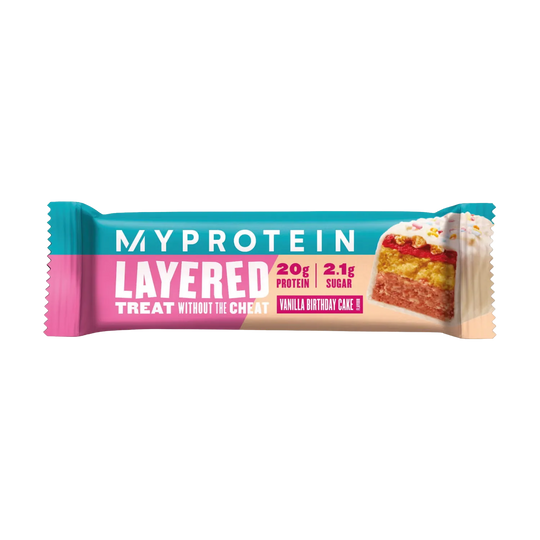 A close-up image of a 60g Myprotein Layered Bar with rich, indulgent layers of flavor and satisfying texture