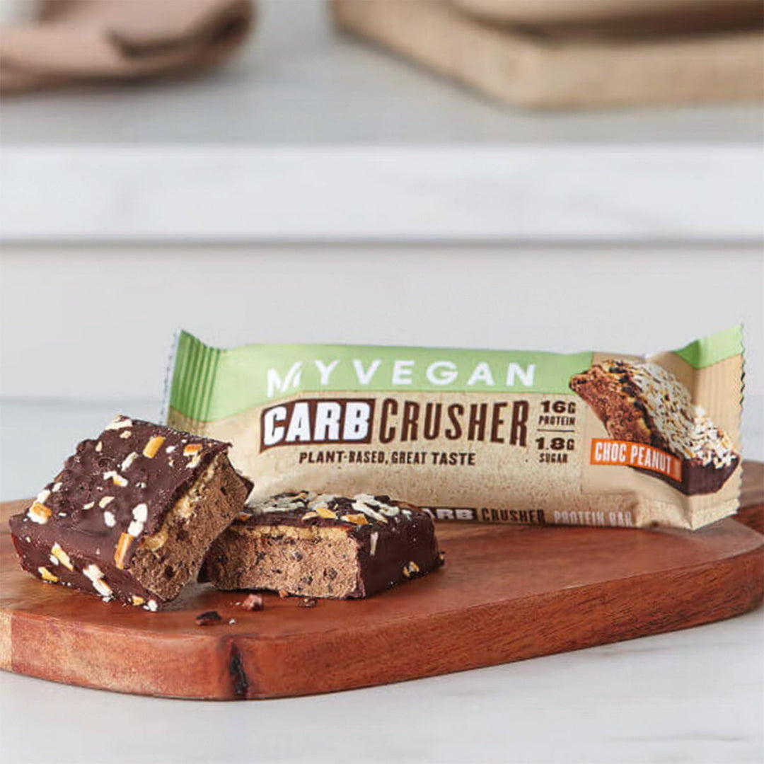  Close-up of Myprotein Vegan Carb Crusher bar with 20g of protein and low sugar content