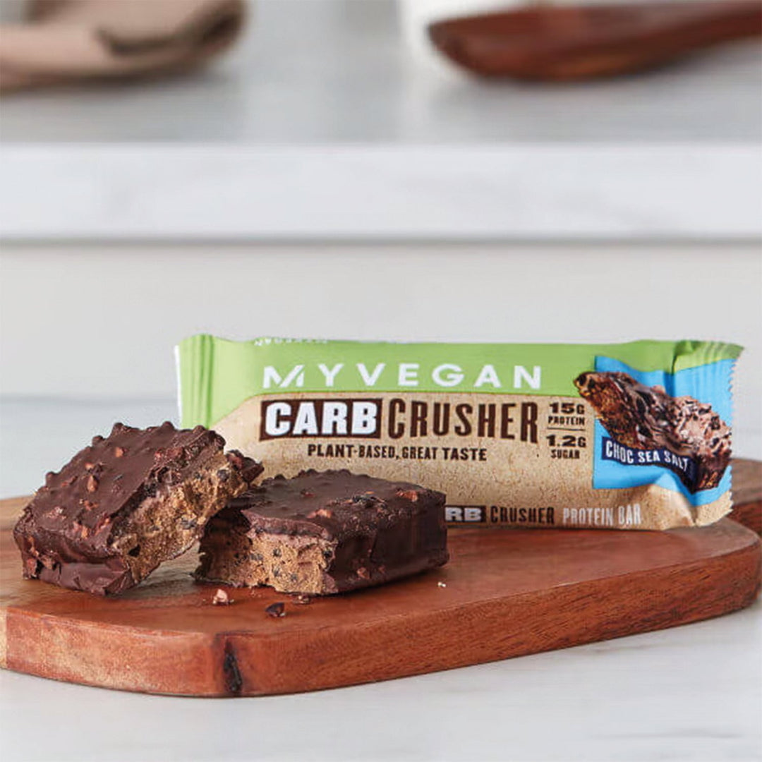  Gluten-free and dairy-free Myprotein Vegan Carb Crusher in dark chocolate and sea salt flavor