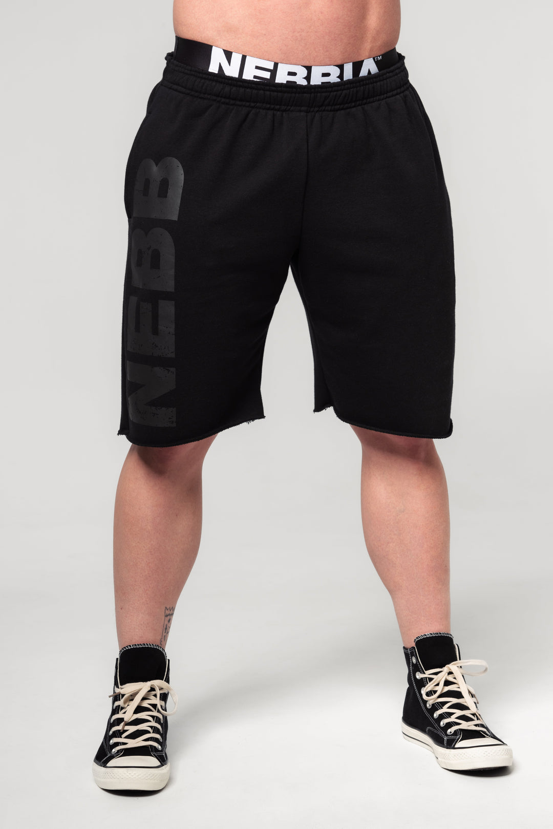 NEBBIA Sweatshorts NO BS in black, front view, with drawstring waistband