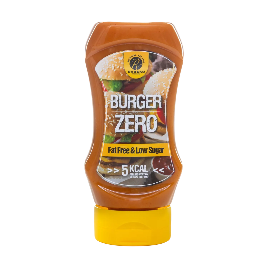 A 425ml bottle of Rabeko Zero Burger Sauce, a delicious condiment for burgers and other dishes, with no added sugar or artificial sweeteners