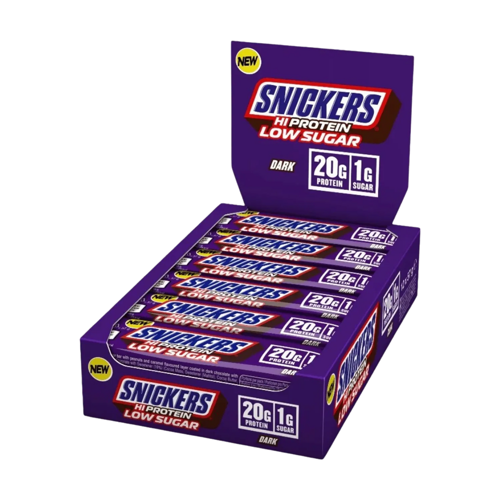  Close-up of Snickers low sugar high protein bar with dark chocolate coating, 57g