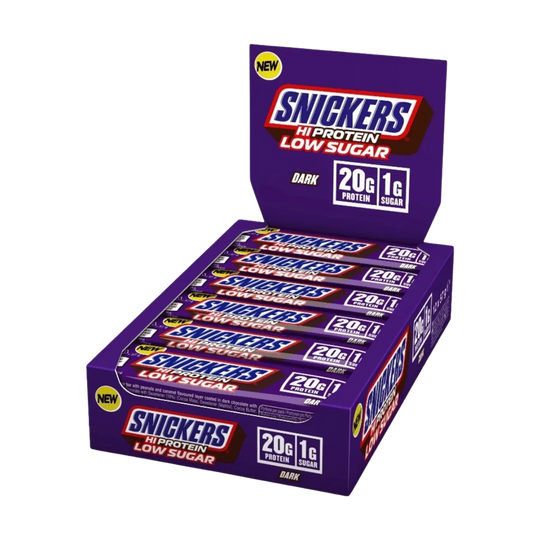  Close-up of Snickers low sugar high protein bar with dark chocolate coating, 57g