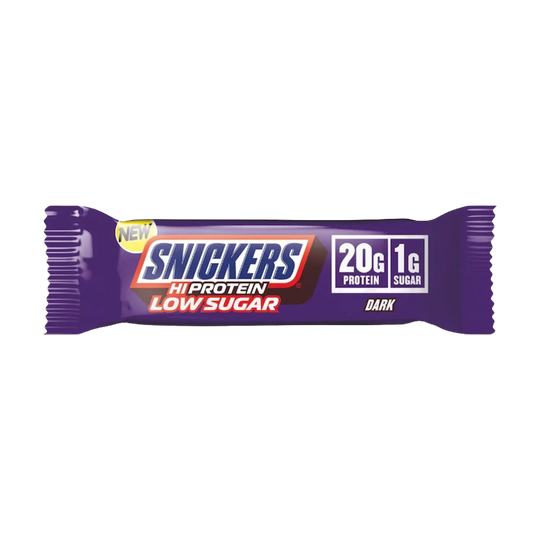 Snickers low sugar high protein bar in dark chocolate packaging, 57g