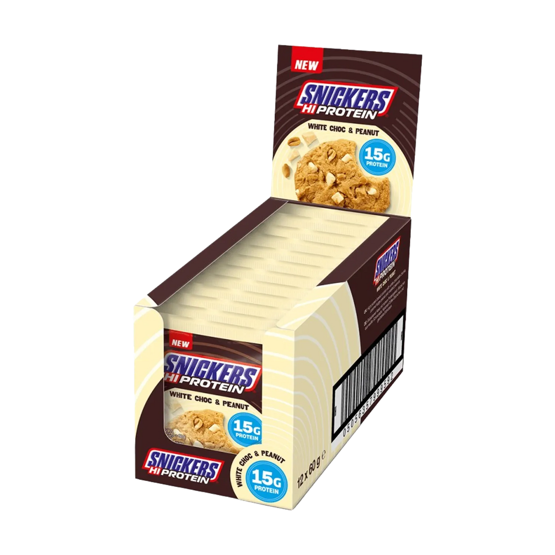 Alt text: Snickers White High Protein Cookie White Choc & Peanut, a 60g protein-packed snack