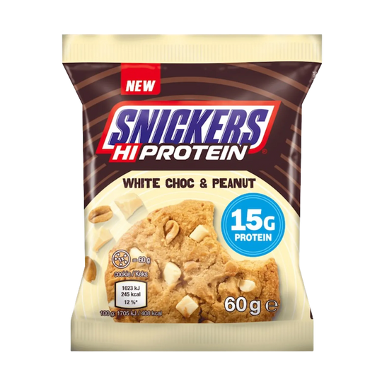 A 60g Snickers White High Protein Cookie with White Chocolate and Peanut flavor