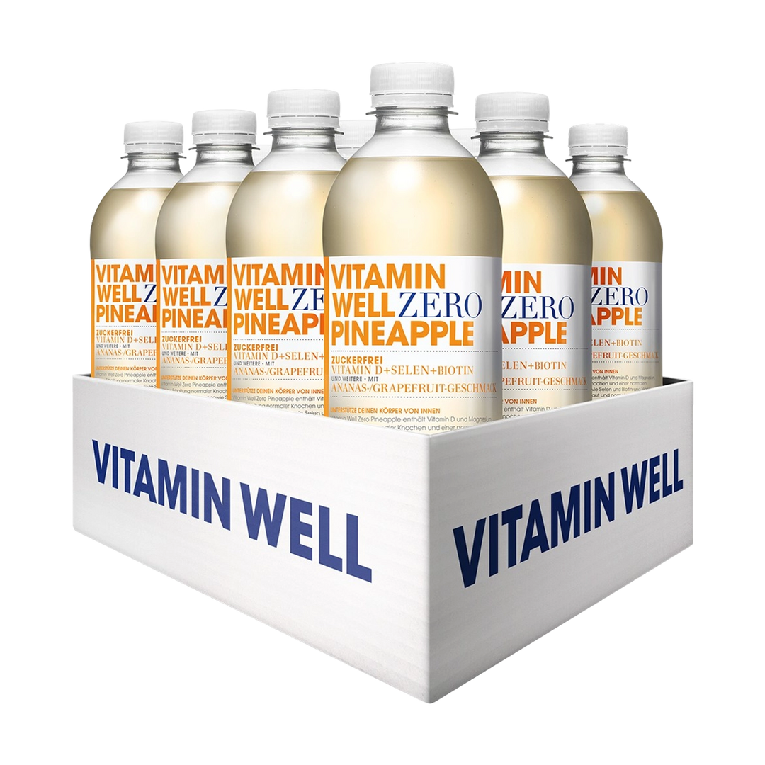 Refreshing Vitamin Well Pineapple drink in a clear 500ml bottle