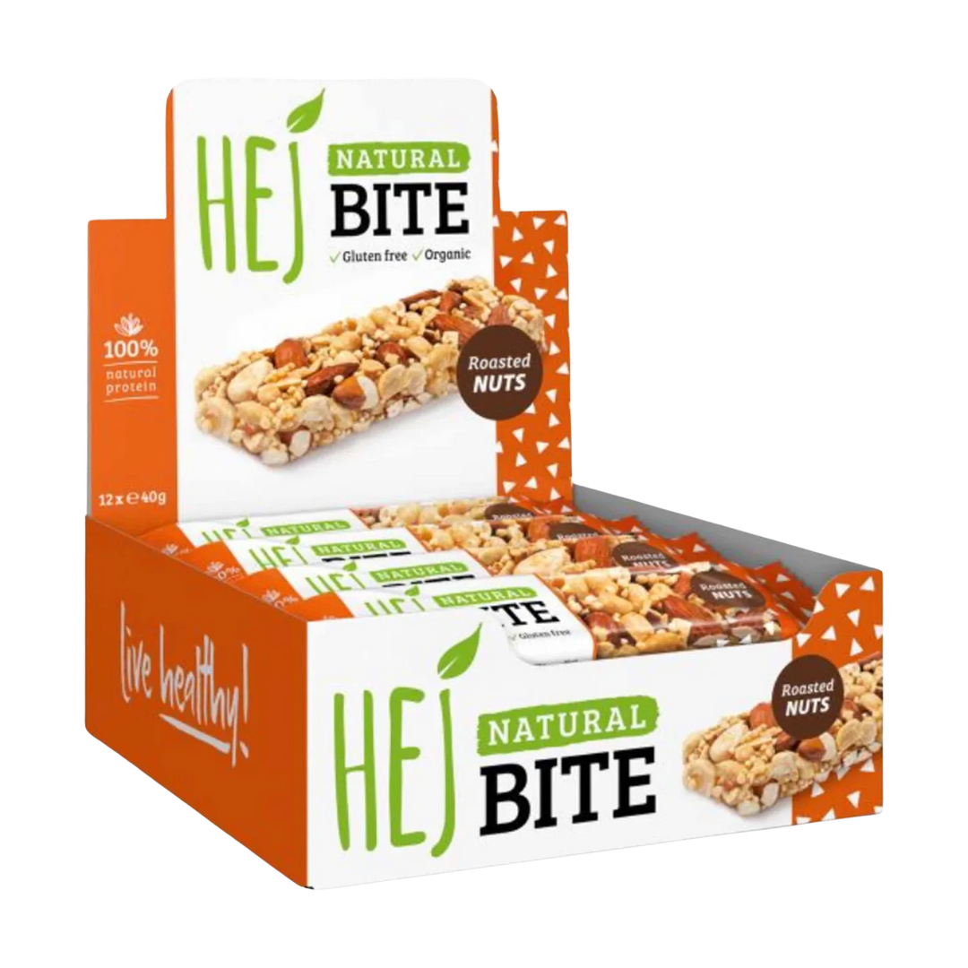 Close-up of HEJ Natural Bite (Bio) energy bar with rich, natural flavors