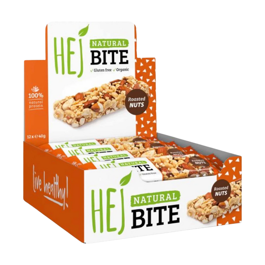 Close-up of HEJ Natural Bite (Bio) energy bar with rich, natural flavors