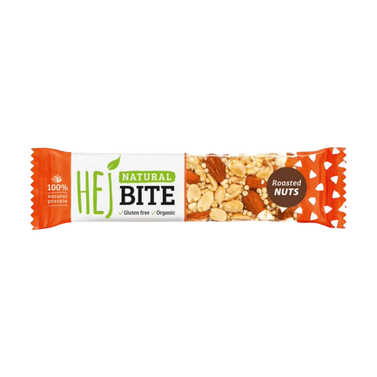 Close-up of HEJ Natural Bite (Bio) energy bar with natural sweetness and crunch